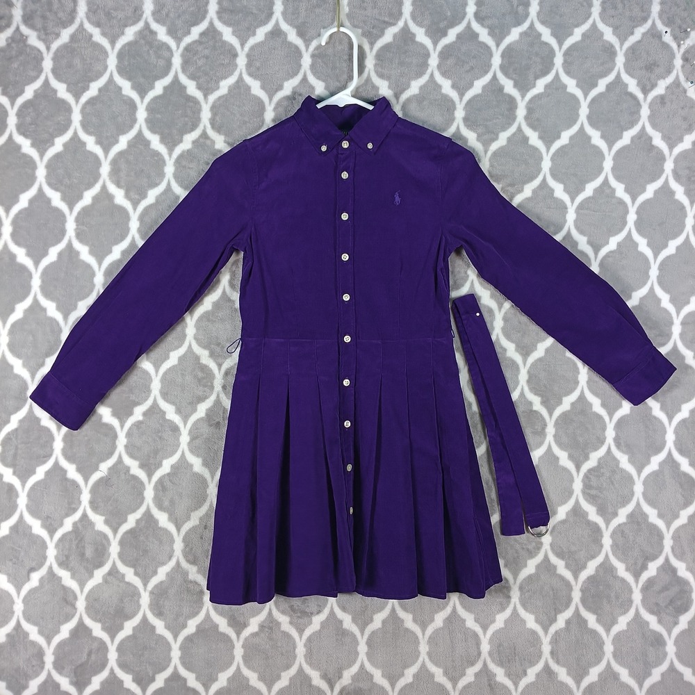 Polo Ralph Lauren Dress Girls Size 10 Purple Corduroy Belted Pleated Long Sleeve